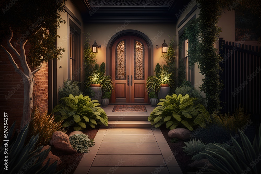 Modern Home Pathway to Front Door With Plants at Night 4. Generative AI