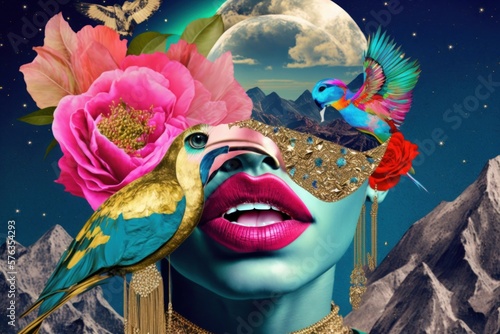 Creative retro but contemporary pop art collage concept of woman portrait and fashion Spring flowers, moon, flora and fauna. Colorful vivid vintage background. Generative AI.