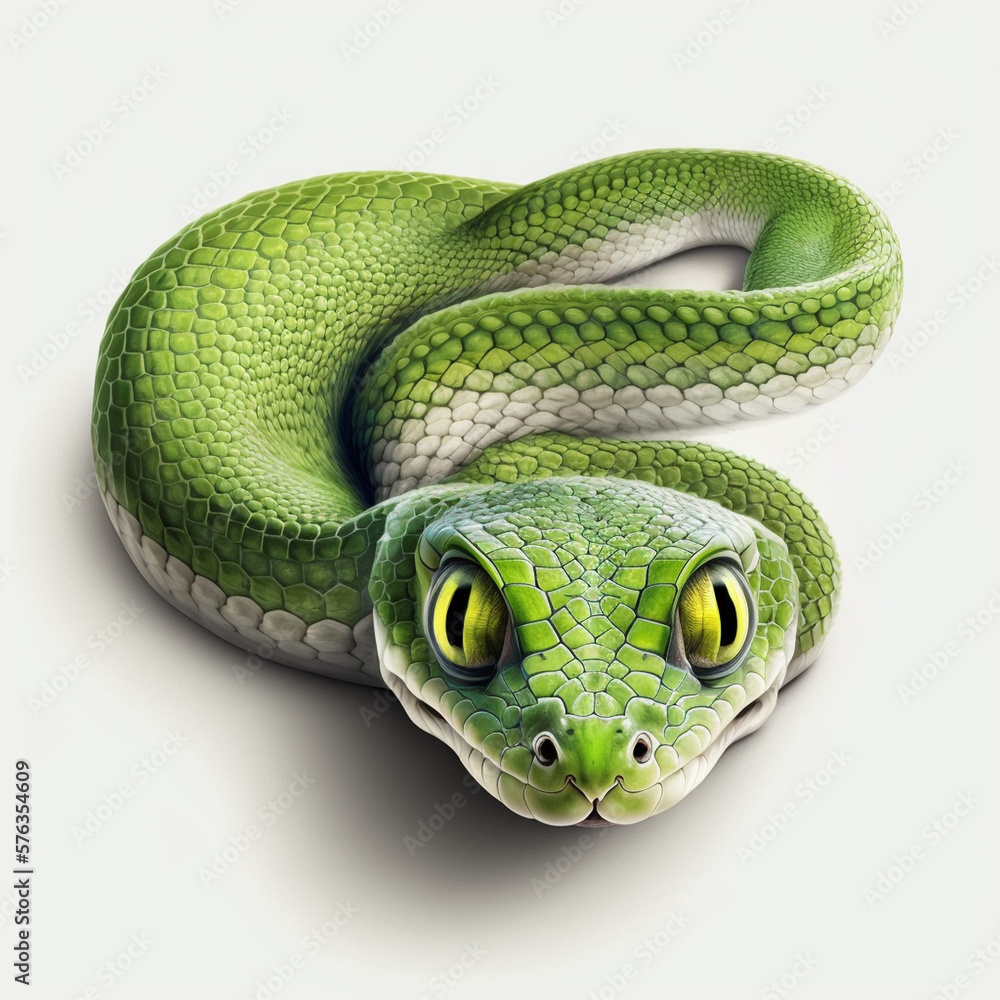 Obraz premium Realistic green snake on a white background, generative AI