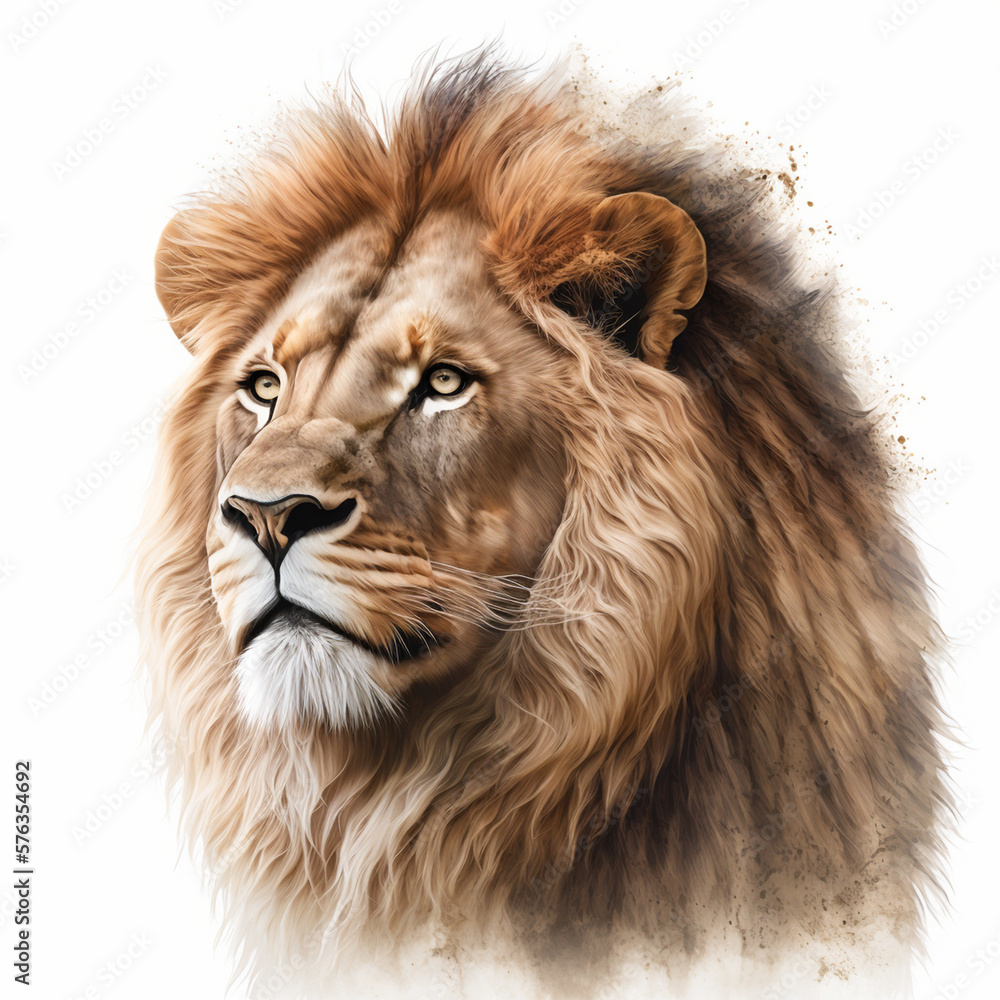 Realistic head lion on a white background, generative AI
