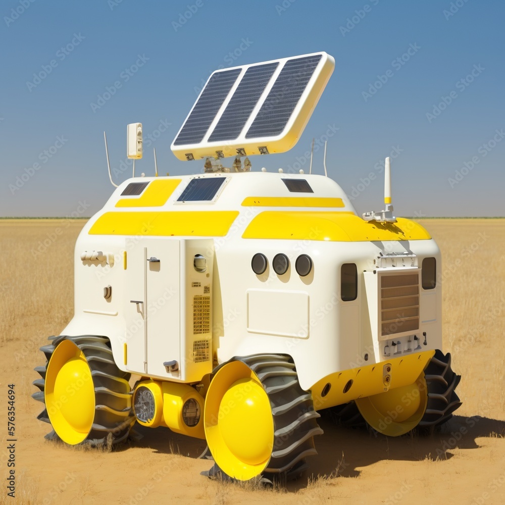 solar machine in the shape of a tractor yellow big wheels energy high-tech, in sand desert reneawble futuristic agriculture Generative AI solar machine in the shape of a tractor yellow big wheels energy high-tech, in sand desert reneawble futuristic agriculture Generative AI
