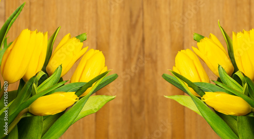 Several yellow tulips and boards for text and decoration