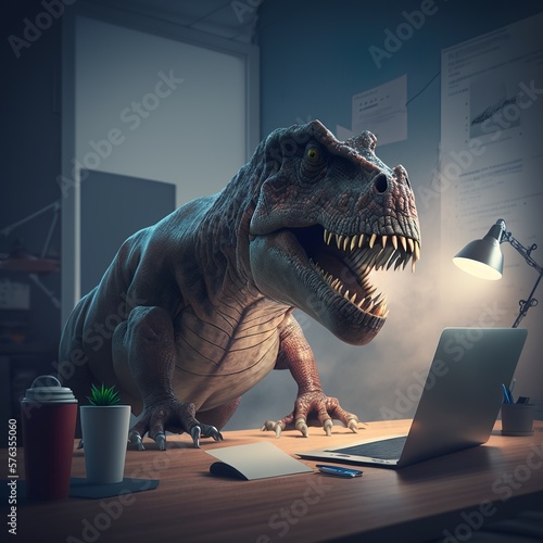 T Rex dinosaur, Tyrannosaurus rex in the room concept. Big aggressive dino is in an office settings sitting at a desk with a laptop and computer working, taking care of business tie Generative AI
