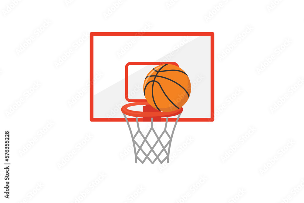 Vector illustration of a basketball ball in a basketball basket, basketball flat design