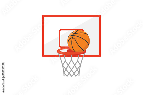 Vector illustration of a basketball ball in a basketball basket, basketball flat design
