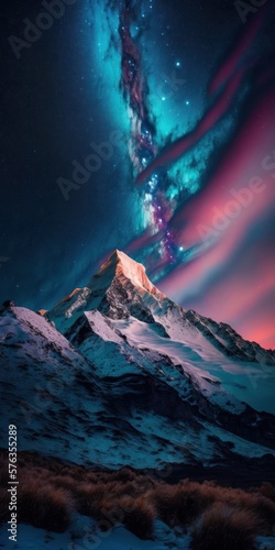 Colorful vivid background. High strong mountains in night  dark sky  stars  neon light colors and collisions of galaxies. Space night northern lights  an amazing sight. Generative AI.