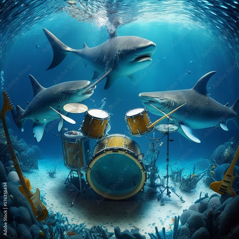 underwater drums in the middle of the ocean, shark band, sharks playing