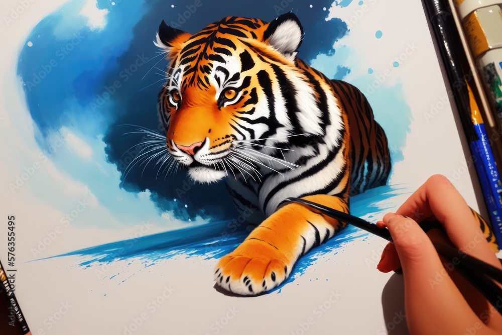 Obraz premium Digital painting of Beautiful tiger relaxing on warm day, Colorful magic tiger, cartoon style drawing, generative ai art illustration
