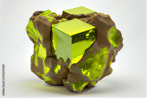 Uranium ore, a dark and foreboding image of a jagged rock face, riddled with veins of glittering yellow-green crystals. Generative AI photo