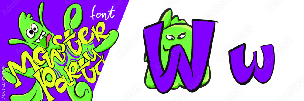 Letter W from the Monster party alphabet font. Large and small cartoon ...