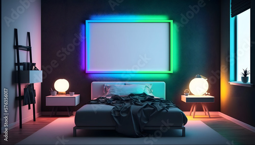 Blank frame mockup in a modern and confortable house  black wall  illuminated by RGB led strips  3d render  Generative AI