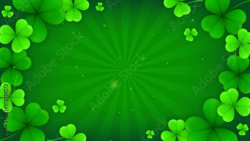 4K Shamrock with particles, Green clover leaves on rays background, St. Patrick's day frame animation