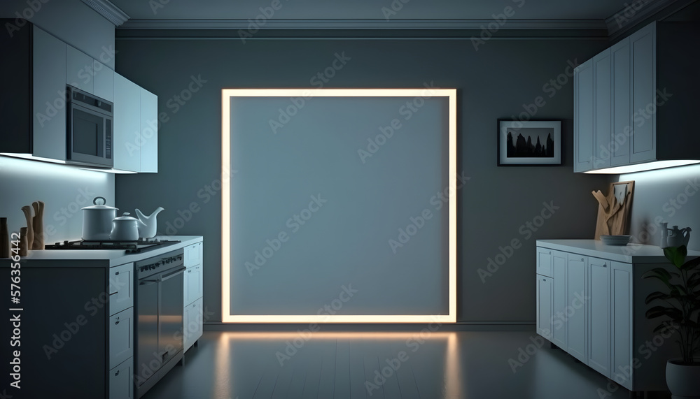 Blank frame mockup in a modern and confortable house, black wall, illuminated by RGB led strips, 3d render, Generative AI