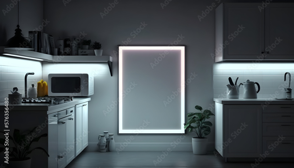 Blank frame mockup in a modern and confortable house, black wall, illuminated by RGB led strips, 3d render, Generative AI Blank frame mockup in a modern and confortable house, black wall, illuminated by RGB led strips, 3d render, Generative AI