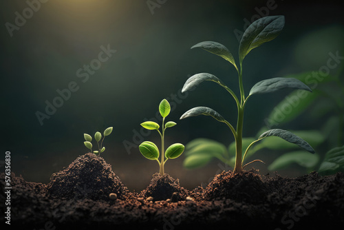 AI picture of delicate young plant growing from soil photo