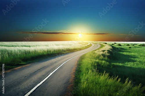 Endless road along green grassland, blue sky, sun raise. Generative AI.