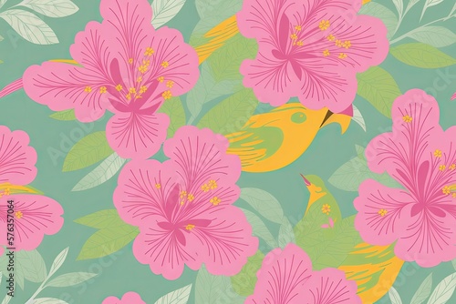 Seamless pattern with soft pink azalea flowers and green leaves on background, generative ai. Pastelle soft colors tribal background