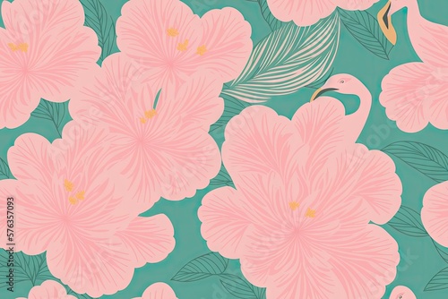 Seamless pattern with soft pink azalea flowers and green leaves on background, generative ai. Pastelle soft colors tribal background
