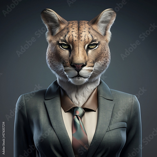 Wild Cat in Corporate Dress, Creative Stock Image of Female Animal in Business Suit. Generative AI