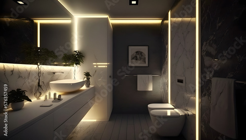 Modern and confortable bathroom illuminated by led strips, 3d render, Generative AI © Nicola