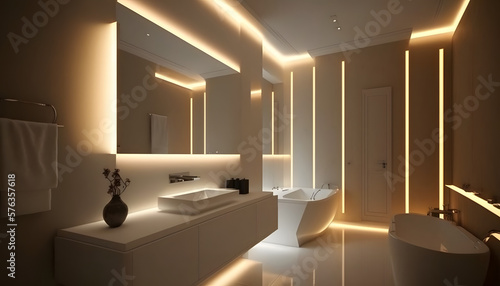Modern and confortable bathroom illuminated by led strips  3d render  Generative AI