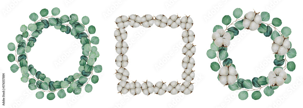 Watercolor compositions of frames and wreaths of eucalyptus and cotton. Hand painting clipart on an isolated background. Print for wedding invitation, designers, decoration, textile, poster Watercolor compositions of frames and wreaths of eucalyptus and cotton. Hand painting clipart on an isolated background. Print for wedding invitation, designers, decoration, textile, poster