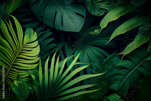 Wallpaper Mural Leaves on black: Background image close up of tropical green plant leaves. Generative AI Torontodigital.ca