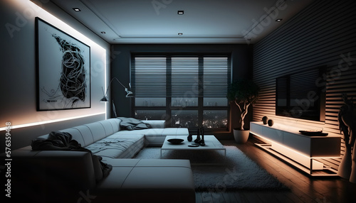 Modern and confortable living room illuminated by led strips, 3d render, Generative AI © Nicola