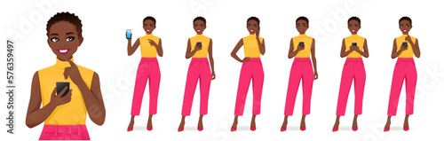 Young African American woman in bright colors clothes holding mobile phone, talking, texting and showing empty screen isolated vector illustration
