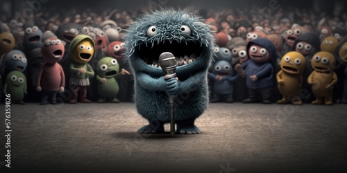 Tablou canvas Cute monster speaks in front of an audience, fear of public speaking, emotions,