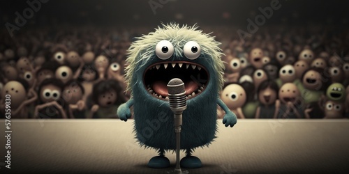 Cute monster speaks in front of an audience, fear of public speaking, emotions, psychology, generative ai