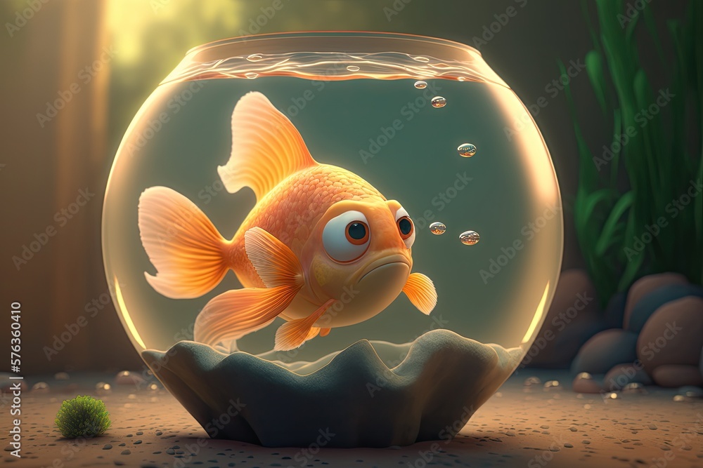 Cute Cartoon Goldfish in a Fish Bowl. Generative Ai Stock Illustration