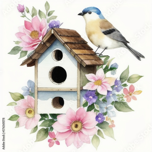 a bird sitting on top of a bird house, a watercolor painting, ai generated © lacrimastella