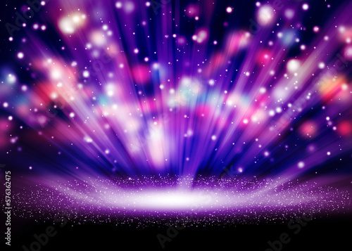 Purple sparkle rays glitter lights show on stage with bokeh elegant lens flare abstract background.