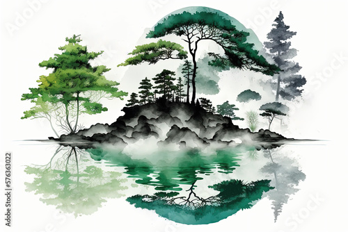 Green woodland trees reflected in a misty island's sea. Sumi e, u sin, and go hua are three types of traditional ink painting from East Asia. Transparency; hieroglyph. Generative AI photo