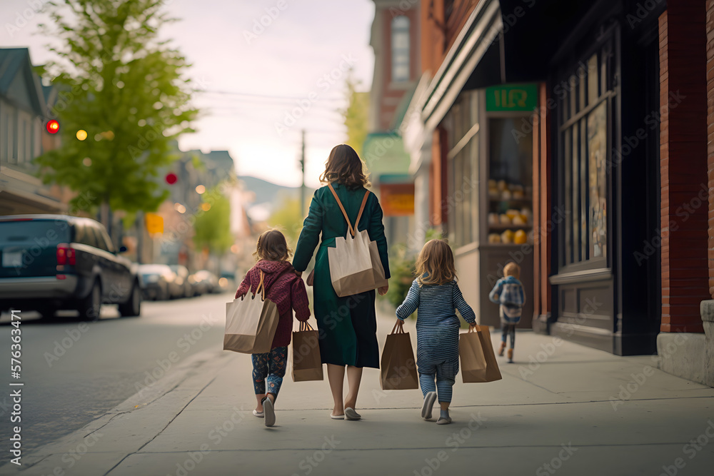 Rear view mother and daughters children walk along the city street with packages and bags with purchases of clothes and groceries. Family shopping with kids. Generative AI - obrazy, fototapety, plakaty 