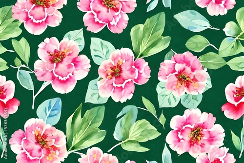 Delicate floral watercolor pattern for textiles and backgrounds, watercolor peonies flowers and green leaves, soft colors, boho style on a light background, floristic vintage, Asian. Generative AI © Pixel Matrix