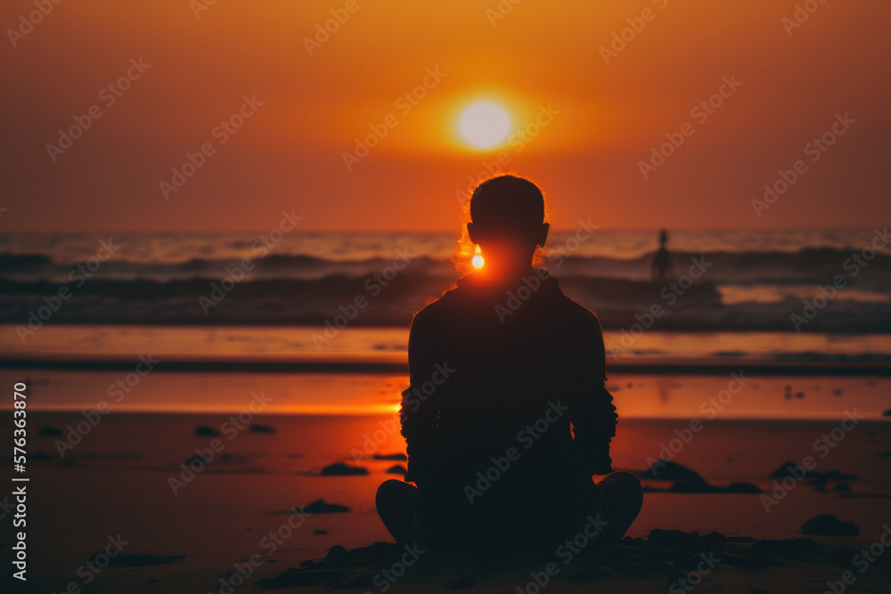 Serene Sunset Meditation. Silhouette of a man meditating in front of the sunset at the beach. Mindfulness concept. AI Generative Serene Sunset Meditation. Silhouette of a man meditating in front of the sunset at the beach. Mindfulness concept. AI Generative