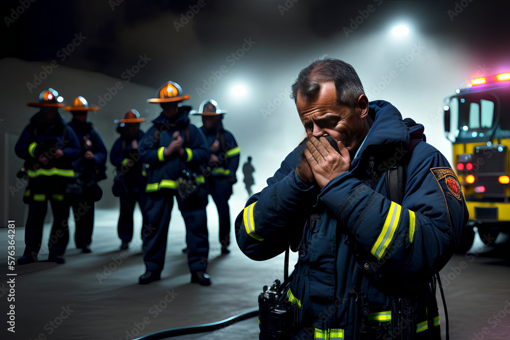 Praying Nation, Devastated Caucasian male Fire Chief praying on knees