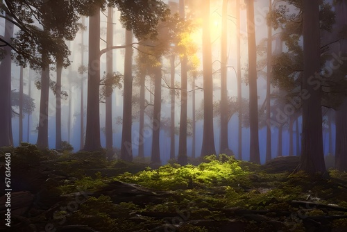 Mystical magical forest at night with glowing lights. Generative AI