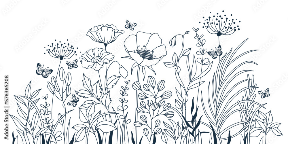 Group of Wildflowers, herbs, flowers, plants and butterflies flyng around. Outline Style Full Vector illustration. - obrazy, fototapety, plakaty 