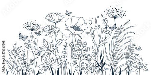 Group of Wildflowers, herbs, flowers, plants and butterflies flyng around. Outline Style Full Vector illustration.