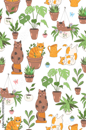 Seamless pattern with cute cats and houseplants on a white background. Vector graphics.