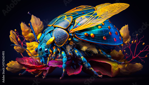Blue and yellow insect sitting on top of flower. Generative AI. © Констянтин Батыльчук