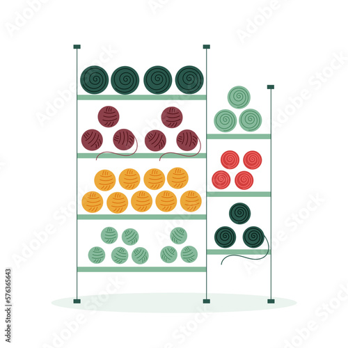 Vector flat illustration with shelf with balls of thread. 
