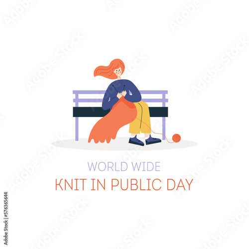 Vector illustration of a young woman knitting at the park. World wide knit in public day illustration.