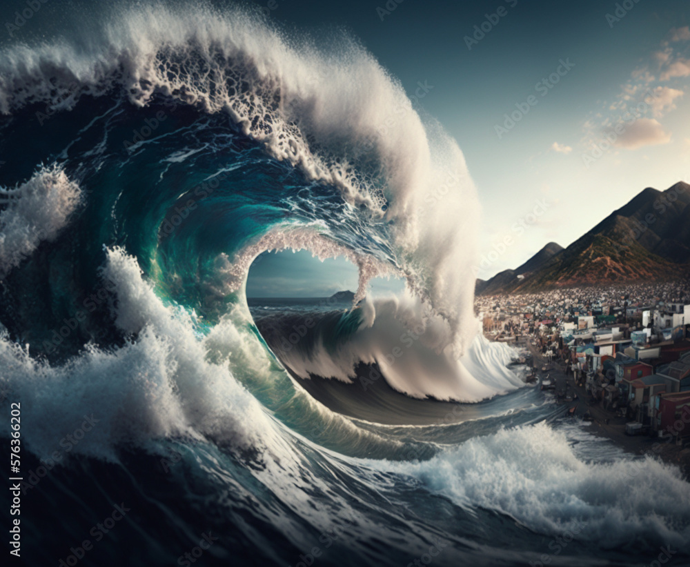 A large tsunami flood destroys a city by the ocean. Disaster is