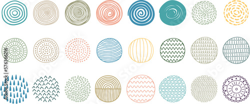 Set of 24 hand drawn colored circles, doodle style