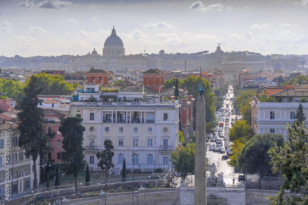 Skyline of Rome from the Terrace of the Pincio: in the foreground the Egyptian obelisk of Sety and the Fountain of Neptune in Piazza del Popolo; in the background St. Peter's Basilica.