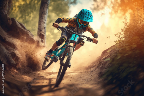 Adventurous Child on a Mountain Bike: Thrilling Ride on the Trail for Kids toddlers AI Generative